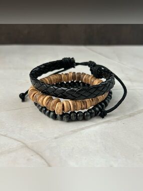 Men's Black and Brown Layered Bead & Braided Bracelet Set